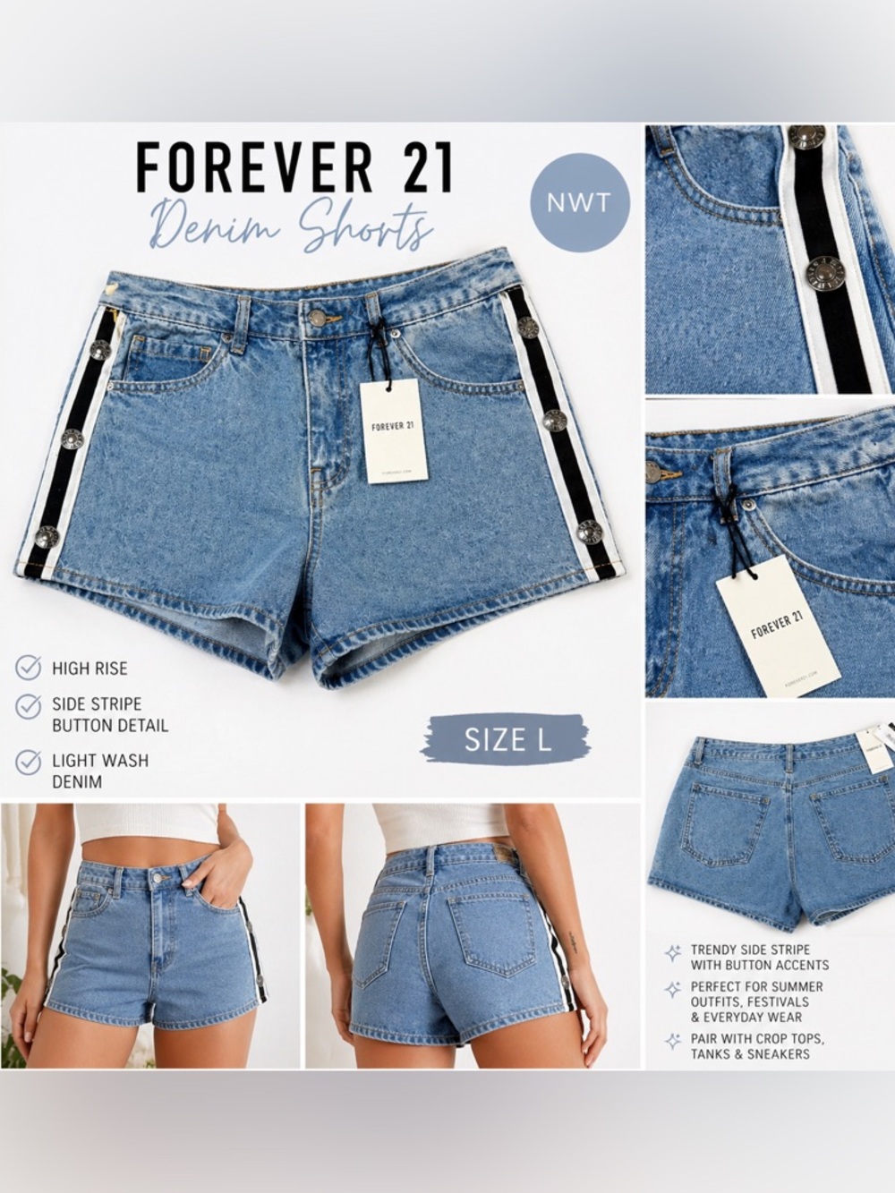 Forever 21 Denim Skort High Rise Button  Side Stripe Jean Shorts Size L NWT